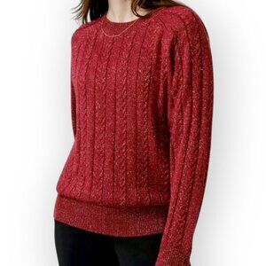 Athleta Red Silver Metallic Sparkle Cable Knit Sweater XS